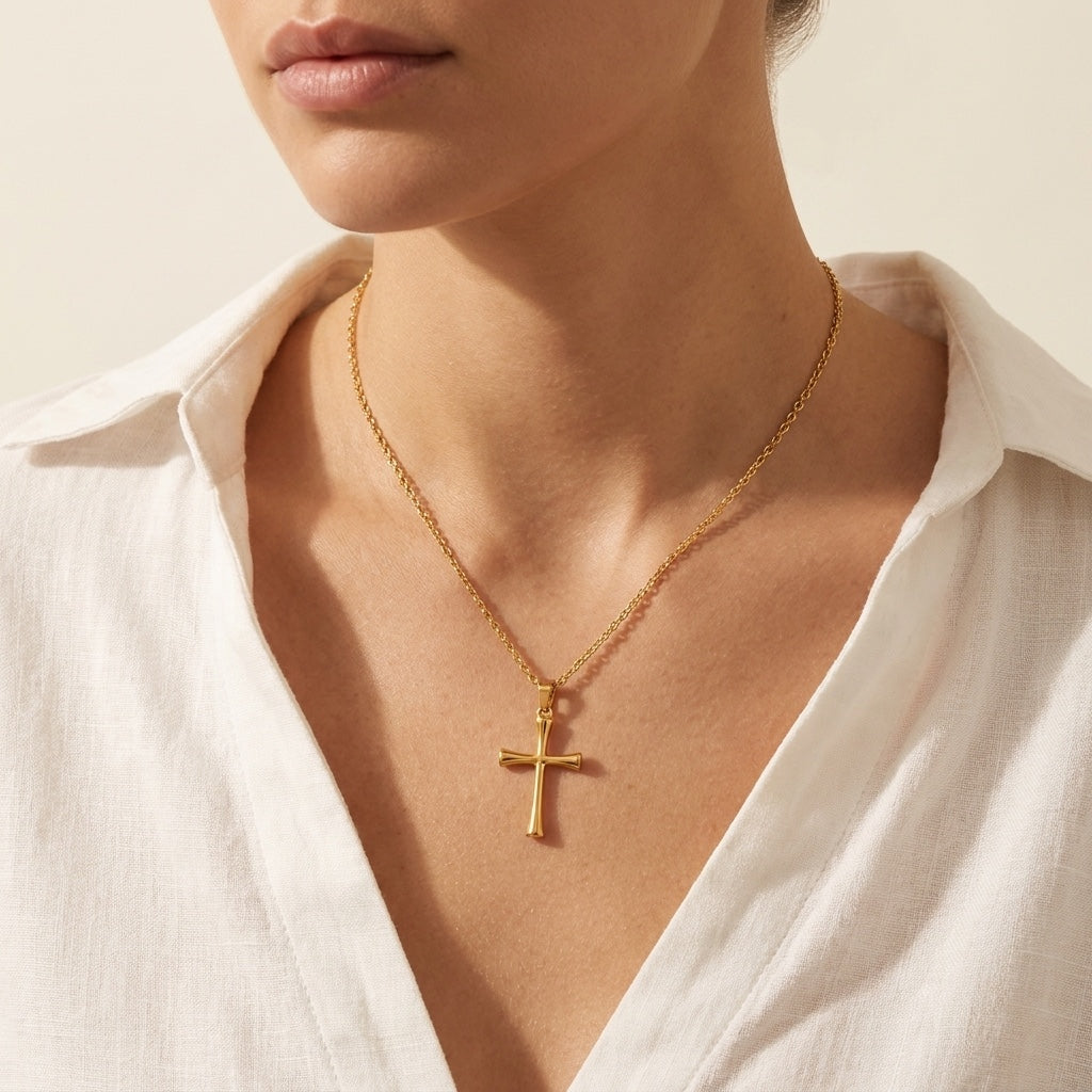 Classic Cross Necklace, gold, worn