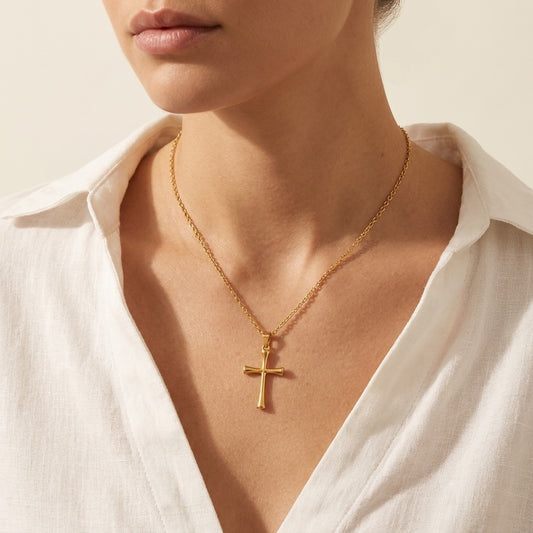 Classic Cross Necklace, gold, worn
