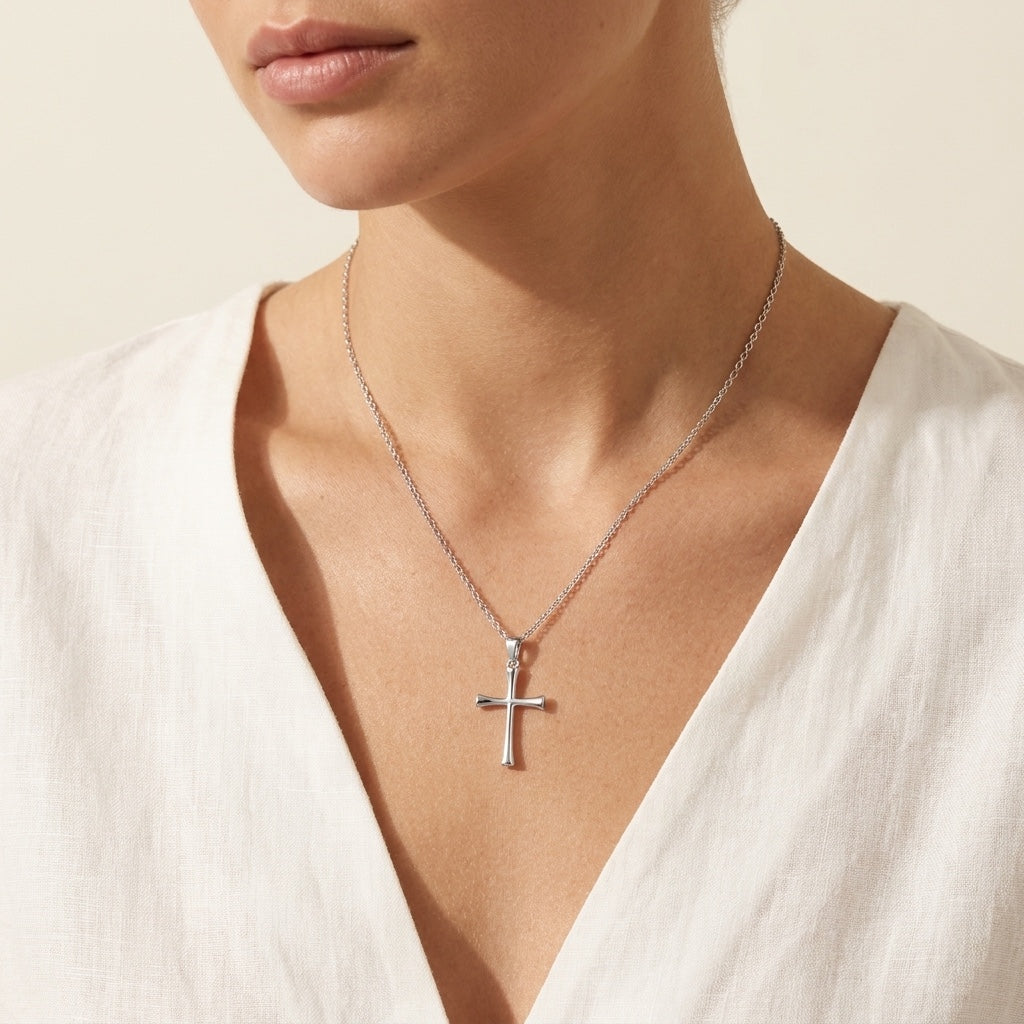 Classic Cross Necklace, silver, worn