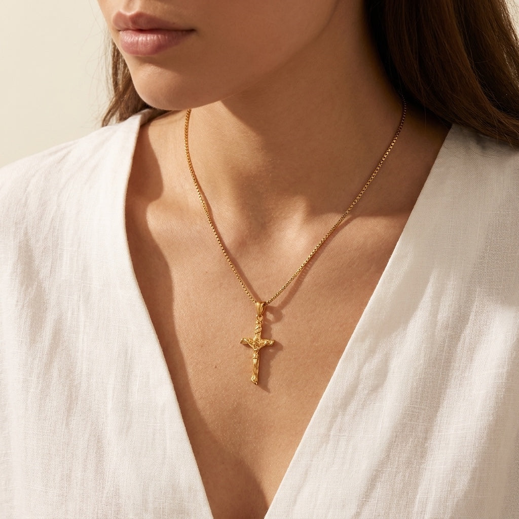 Crucifix Necklace, gold, worn