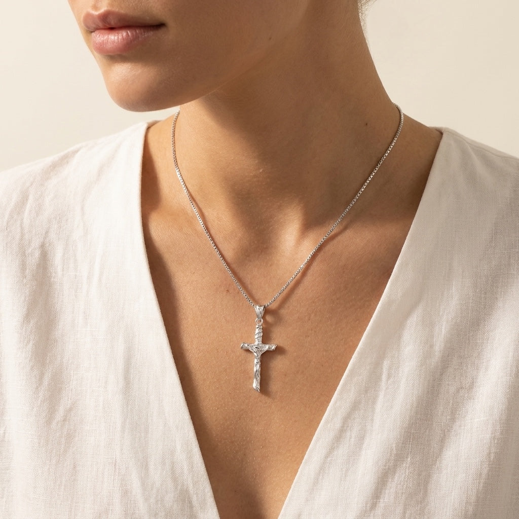 Crucifix Necklace, silver, worn