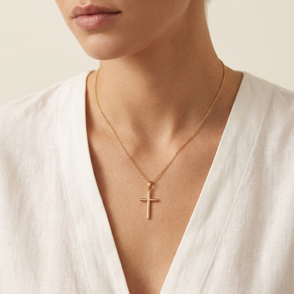 Everyday Cross Necklace, gold, worn