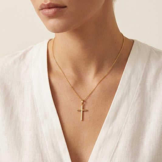 Everyday Cross Necklace, gold, worn
