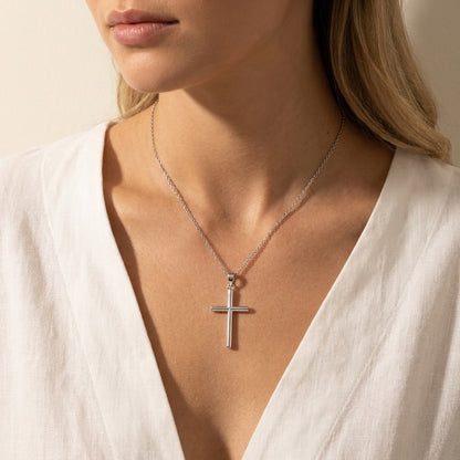 Everyday Cross Necklace, silver, worn
