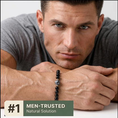 Man resting his chin on his arms, Veylor obsidian bead bracelet on his left wrist, number 1 men-trusted natural solution badge