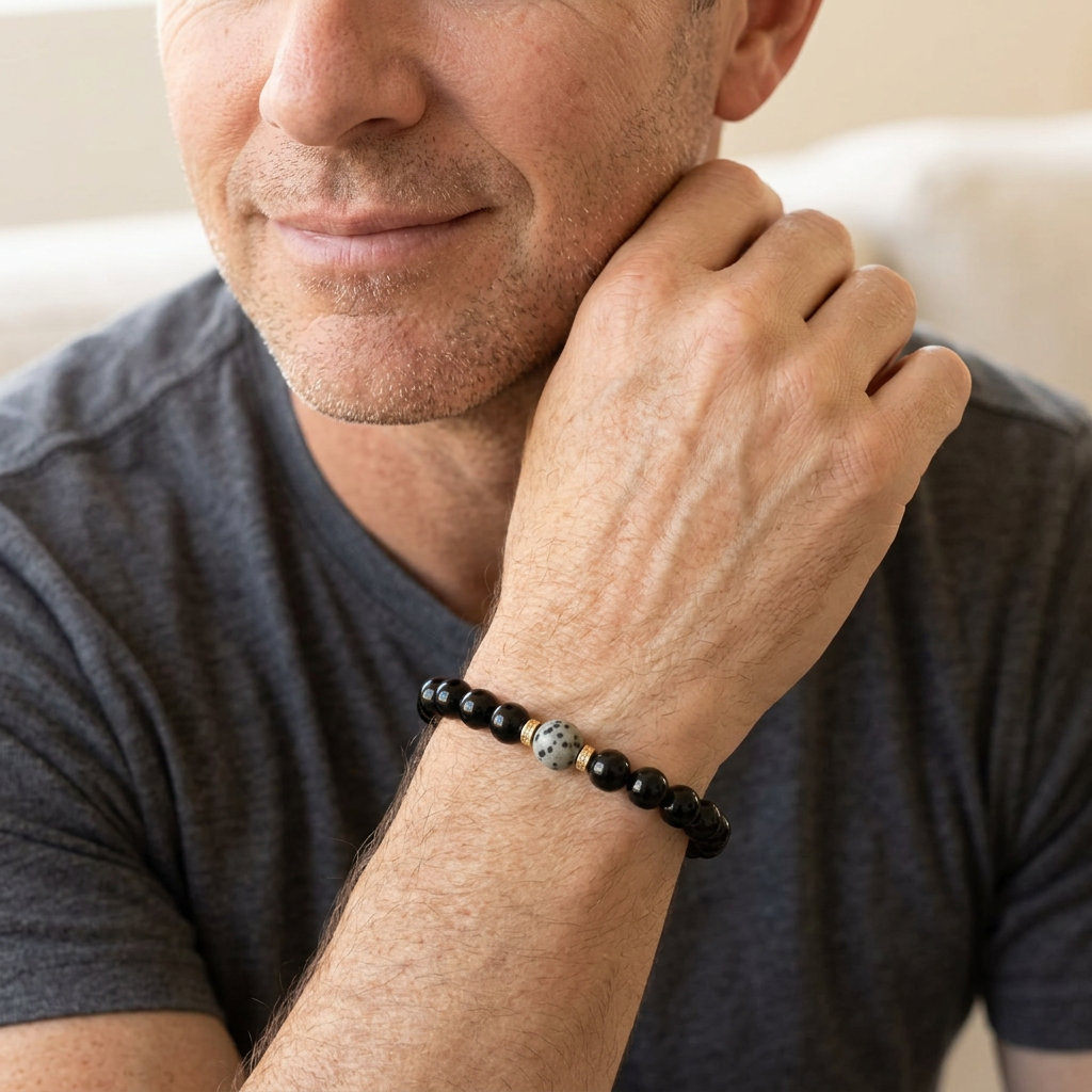 Close-up of a man's left wrist wearing the Veylor obsidian bead bracelet