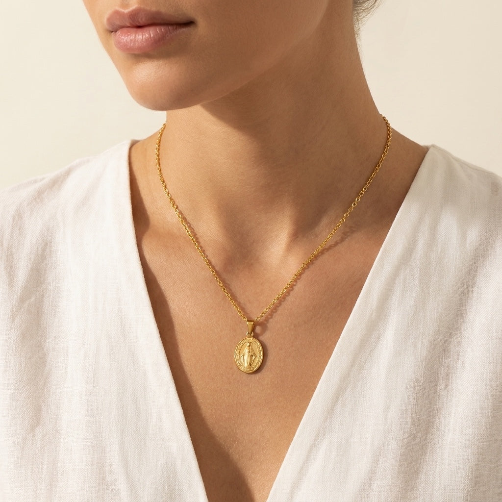 Miraculous Medal Necklace, gold, worn