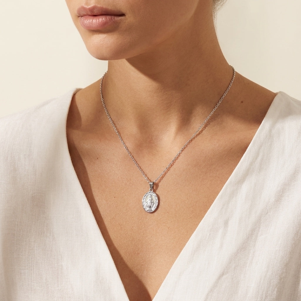 Miraculous Medal Necklace, silver, worn