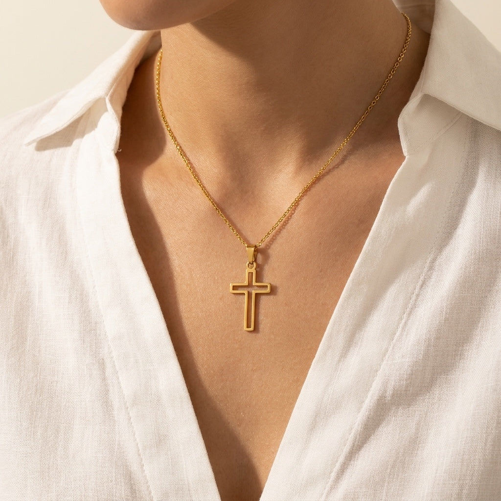 Open Cross Necklace, gold, worn