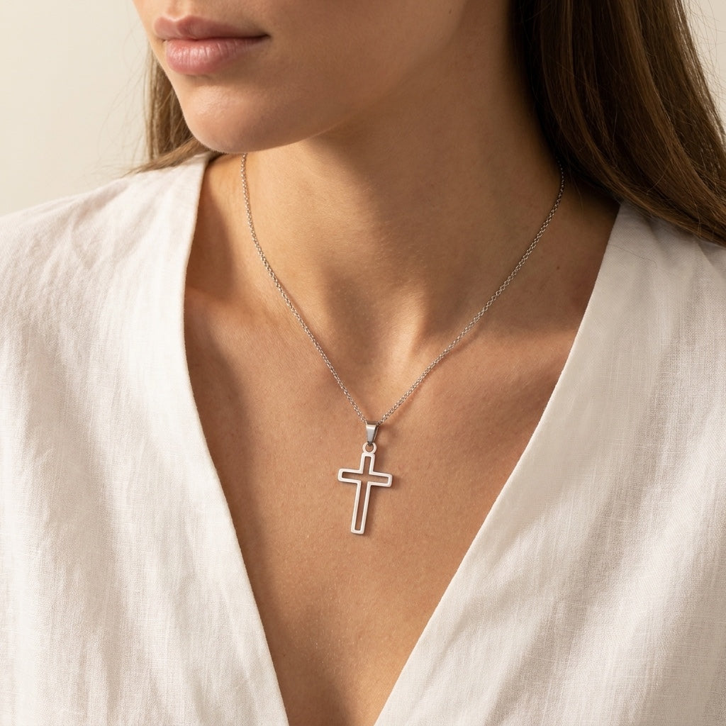 Open Cross Necklace, silver, worn