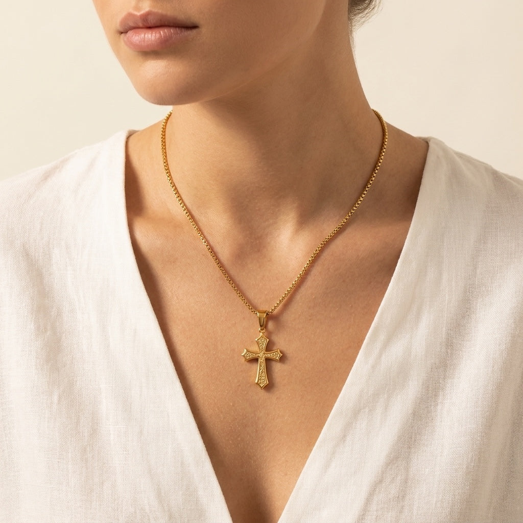 Ornate Cross Necklace, gold, worn