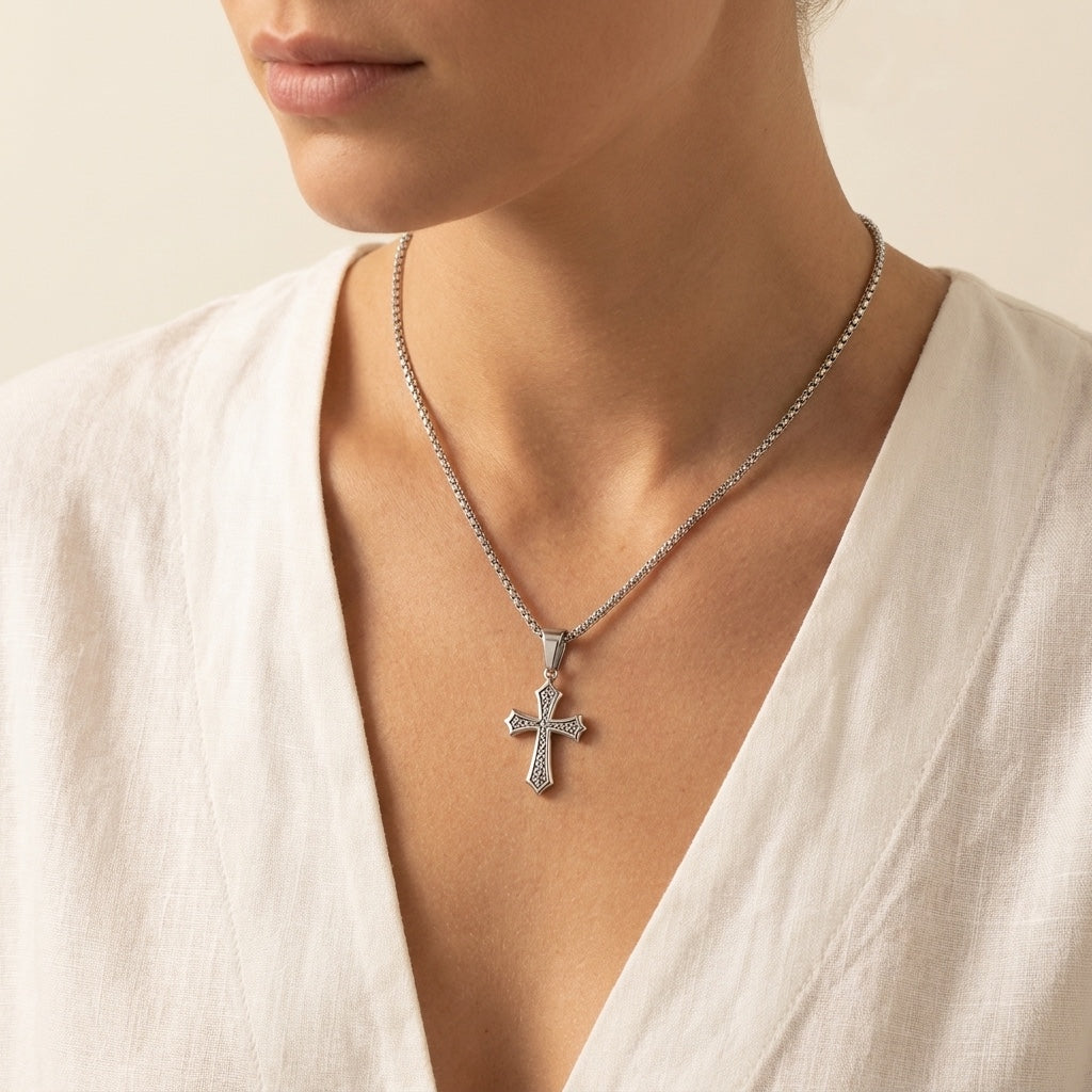 Ornate Cross Necklace, silver, worn
