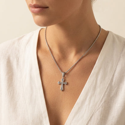 Ornate Cross Necklace, silver, worn