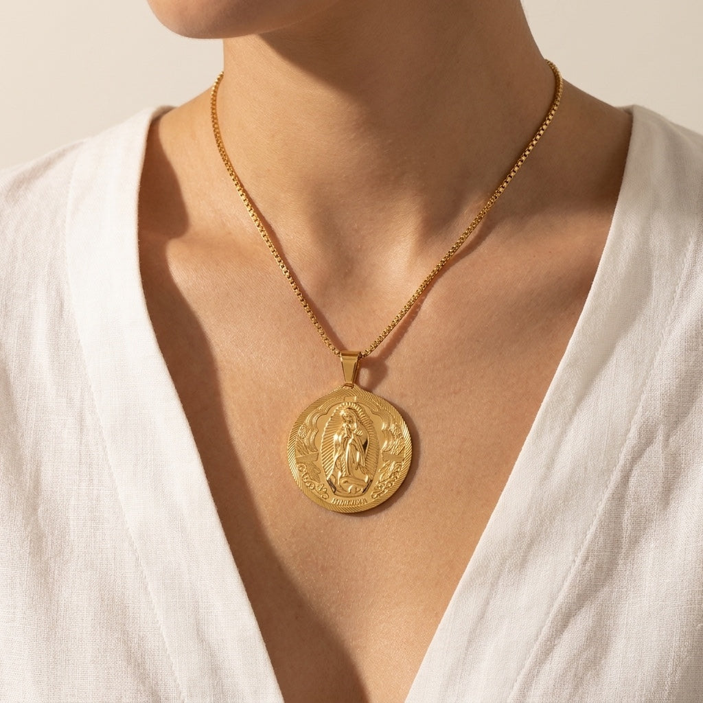 Our Lady of Guadalupe Medal Necklace, gold, worn