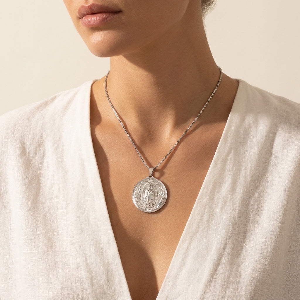 Our Lady of Guadalupe Medal Necklace, silver, worn