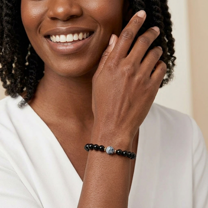 Veylor obsidian and black tourmaline bracelet worn